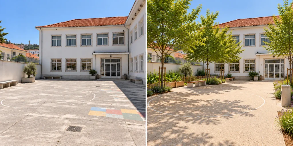 Simulação antes e depois de um pátio escolar: a proposta inclui árvores, pavimento drenante, uma horta e um bebedouro.