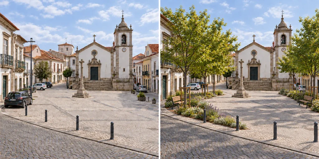 Simulação antes e depois de uma praça: a proposta introduz árvores, zonas de sombra e áreas de pavimento permeável.