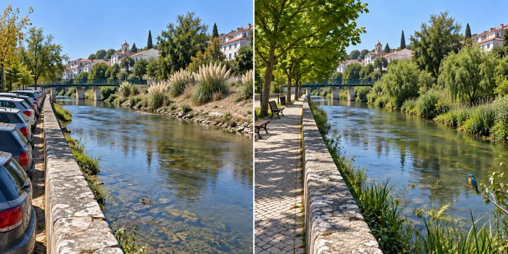 Simulação antes e depois de uma ribeira urbana: o estacionamento junto ao muro dá lugar a um passeio com bancos, e as plantas invasoras são substituídas por vegetação ribeirinha autóctone.