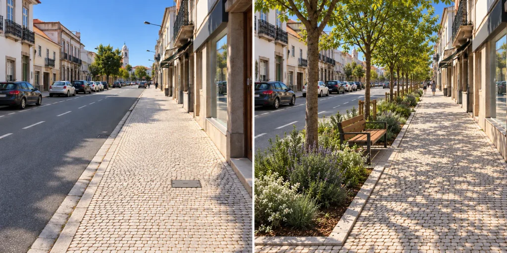 Simulação antes e depois de uma rua: a proposta reduz a estrada a duas vias e acrescenta árvores, sombra e um banco junto ao passeio.